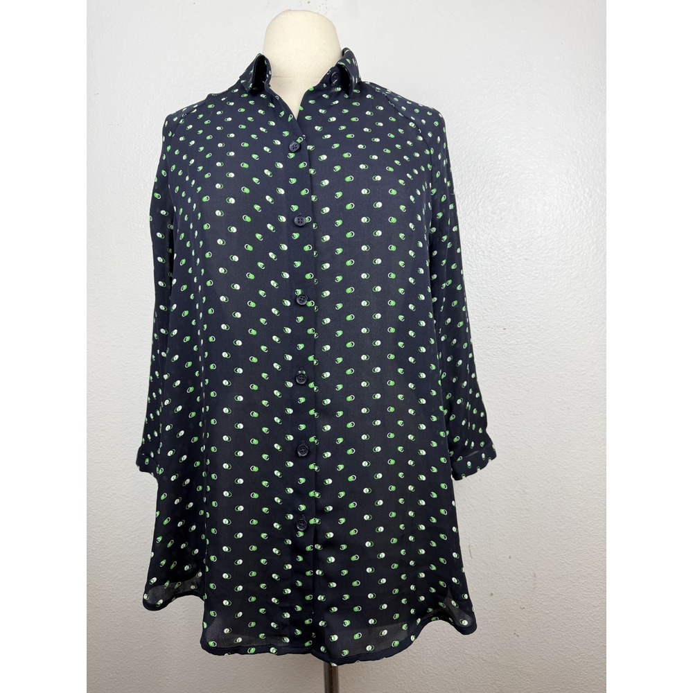 Cabi 5019 Olive Martini Blouse Womens M Blue Green Print Sheer Relaxed Fit Shirt